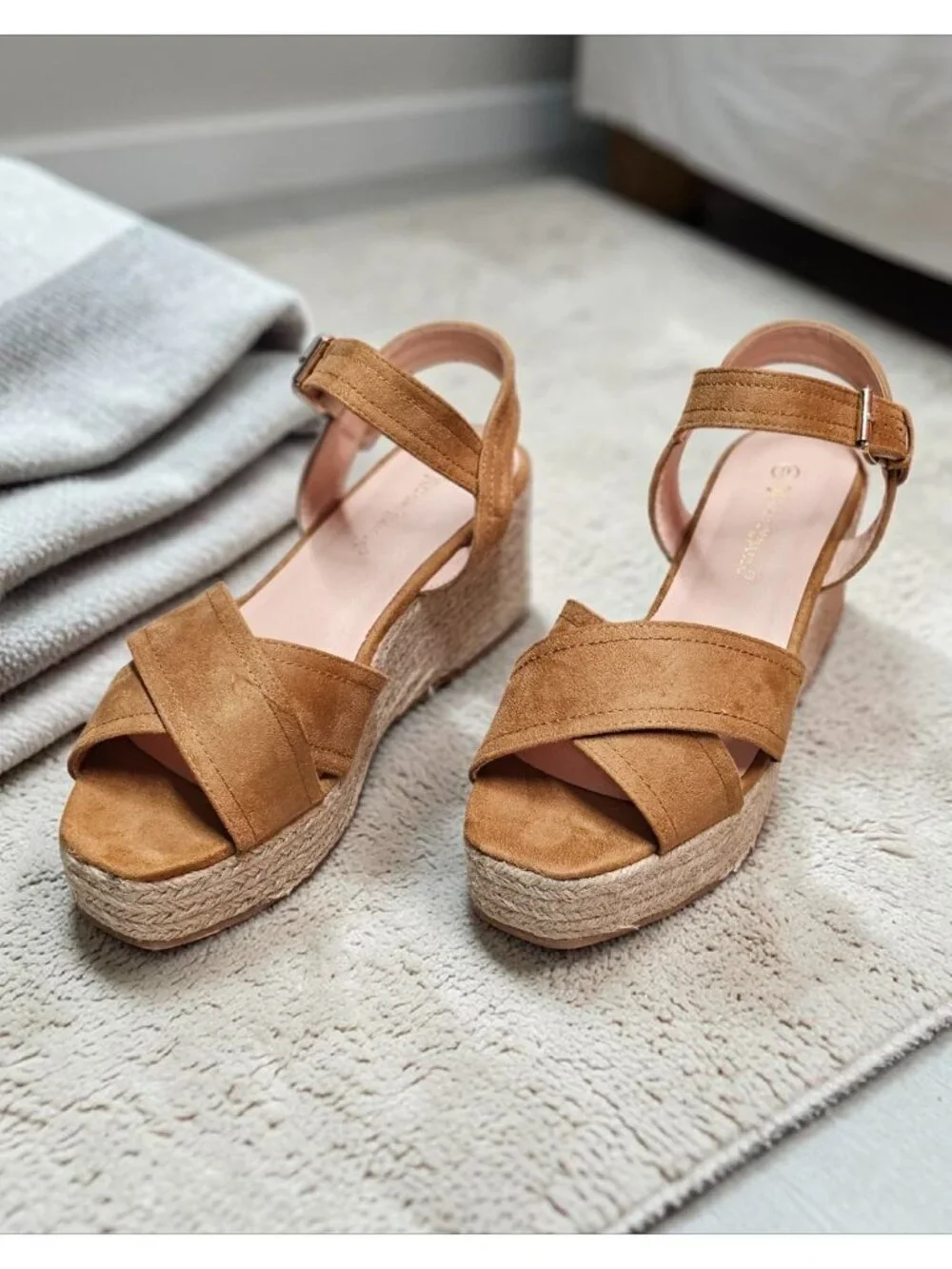 Camel Suede Espadrille Wedge Sandals With Ankle Strap & Buckle Closure For Women